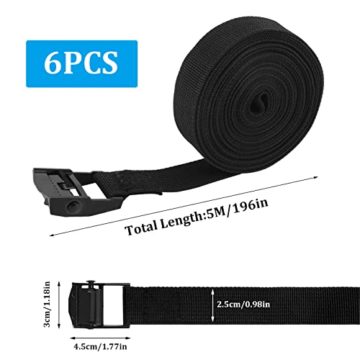 6 Stück Spanngurt Schwarz, 2.5CM*5M Zurrgurt mit klemmschloss, Belastbarkeit 250 kg Befestigungsgurt Trage, Befestigungsriemen für Motorrad,Fahrrad,LKW, Dachträger, Transport - 6