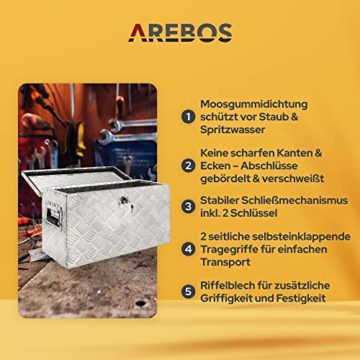 Arebos Aluminium Werkzeugbox mit Schloss | Deichselbox | 40 Liter | 60 x 25 x 30 cm | Inkl. Moosgummidichtung | Silber - 4