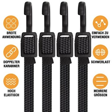 Verstellbar Spanngummi mit Haken, Expander mit Metallhaken 4er Set, 100cm Flach Gepäckspanner Schwarz Gummiseil, Extra Stark Gummispanner Gummibänder für Sonnensegel, Garten, Fahrrad, Auto, Tarps - 4
