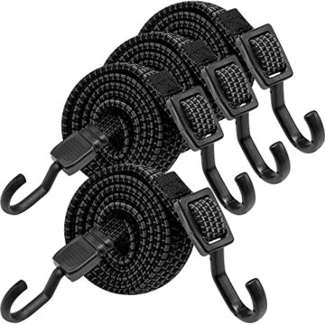 Verstellbar Spanngummi mit Haken, Expander mit Metallhaken 4er Set, 100cm Flach Gepäckspanner Schwarz Gummiseil, Extra Stark Gummispanner Gummibänder für Sonnensegel, Garten, Fahrrad, Auto, Tarps - 1
