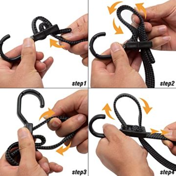 Verstellbar Spanngummi mit Haken, Expander mit Metallhaken 4er Set, 100cm Flach Gepäckspanner Schwarz Gummiseil, Extra Stark Gummispanner Gummibänder für Sonnensegel, Garten, Fahrrad, Auto, Tarps - 6
