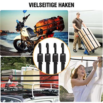 Verstellbar Spanngummi mit Haken, Expander mit Metallhaken 4er Set, 100cm Flach Gepäckspanner Schwarz Gummiseil, Extra Stark Gummispanner Gummibänder für Sonnensegel, Garten, Fahrrad, Auto, Tarps - 7